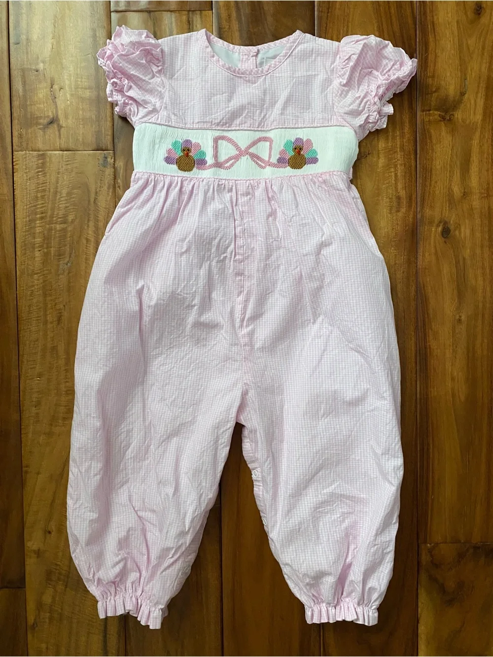 Cecil and Lou Boutique Pink Gingham Smocked Turkey Thanksgiving Romper Size 2t